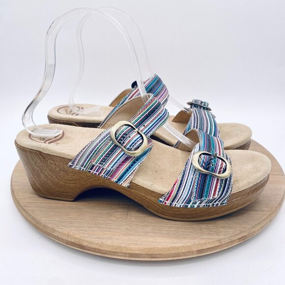 Dansko Sophie Sandals Womsns 9 40 Blue Leather Double Strap Slides Peep - Picture 1 of 12